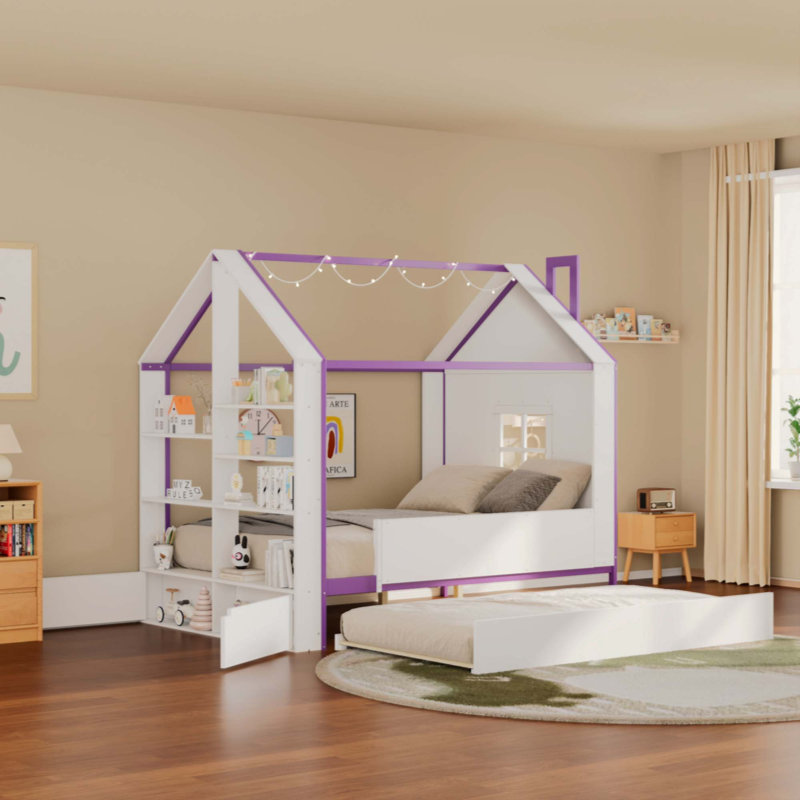 Structure de lit House avec lit gigogne escamotable, tablettes de rangement à queue et lumières DEL blanc froid, White+Purple