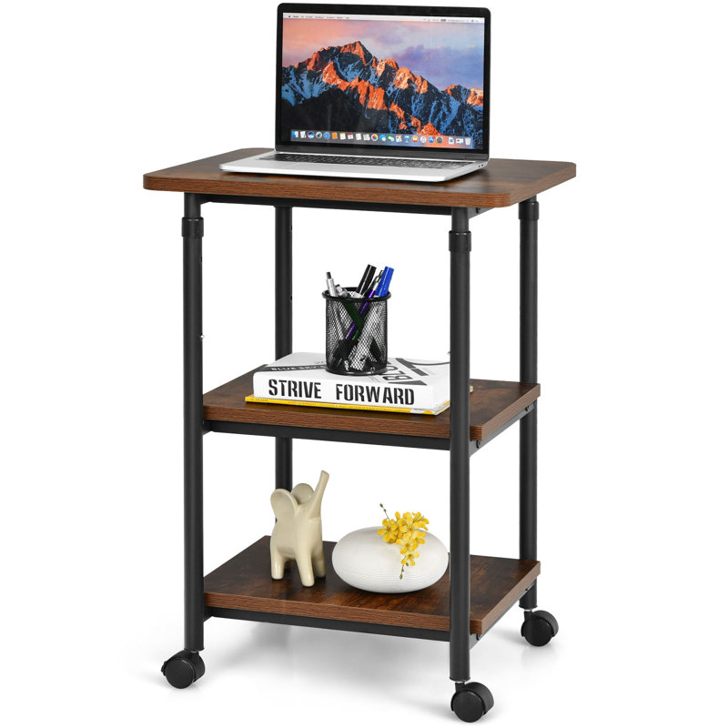 Brown Adjustable 3-Tier Rolling Printer Cart with Steel Frame