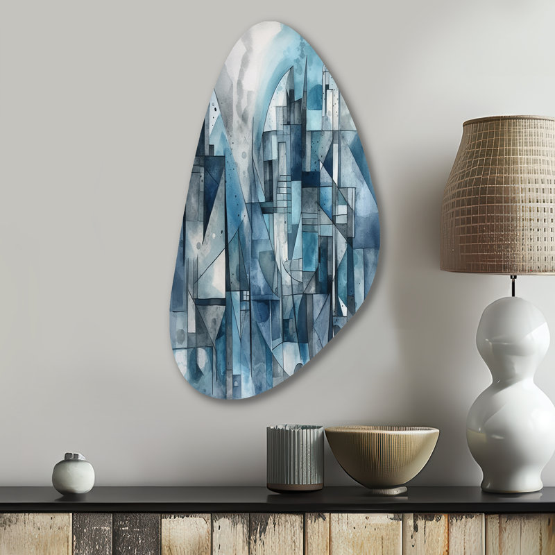 «Blue Abstracted Harmonia Of Shape III», décoration murale géométrique asymétrique en métal, impression d'art unique en forme de bleu