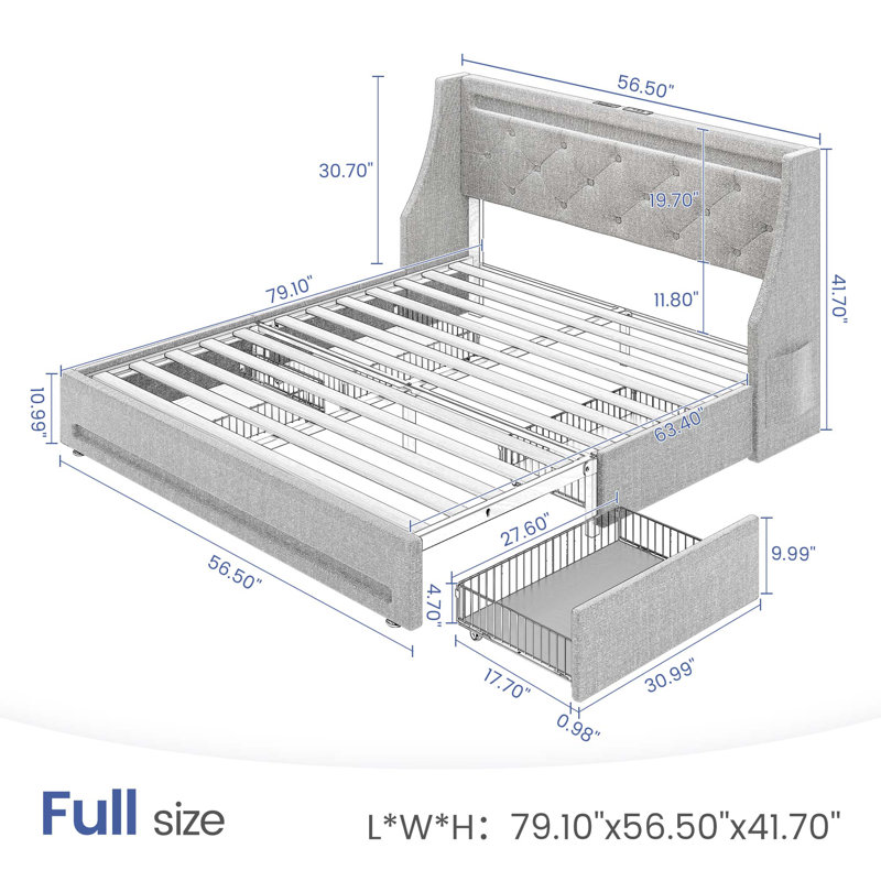Bed Frame with LED Lights,Upholstered Wingback Storage Bed with Built-in Outlets & 4 Drawers, Full/Double, White