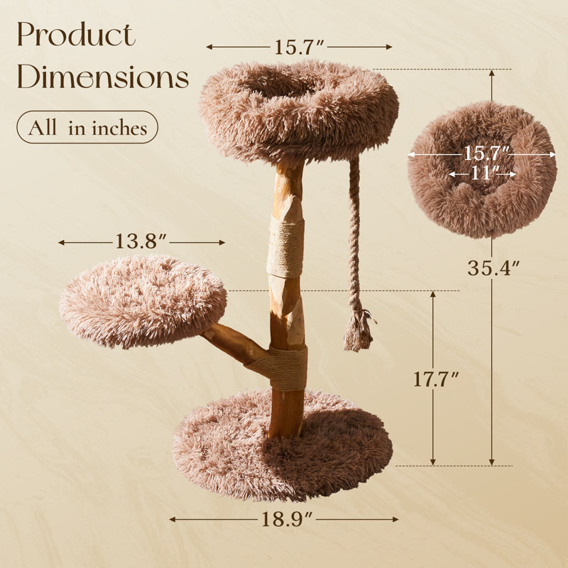 Tour pour arbre à chat moderne de 35,4 pouces, meubles pour chats en bois massif avec 2 plateformes de coussins amovibles et corde suspendue, poteau à griffer - perchoir robuste à plusieurs niveaux pour chats