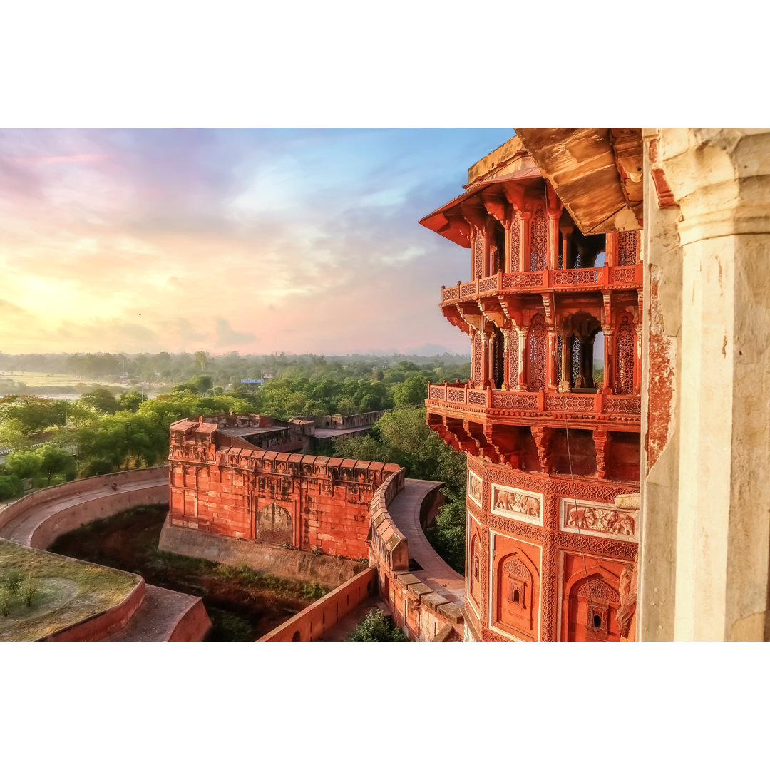 Leinwandbild Agra Fort Exterior Architektur mit Landschaft bei Sonnenuntergang