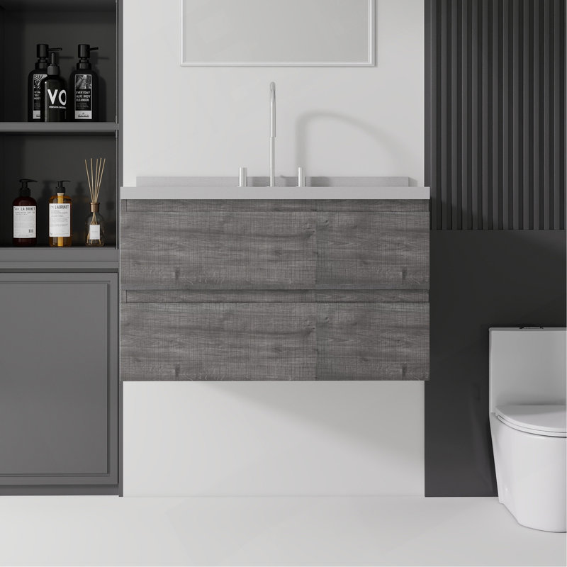 Meuble-lavabo flottant 36 po avec lavabo, tiroir à fermeture en douceur, comptoir en granite blanc de 2 po et dosseret, contreplaqué