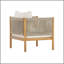 Fauteuil club d'extérieur avec structure en bois d'acacia d'aspect teck, panneaux de corde beige et coussins crème