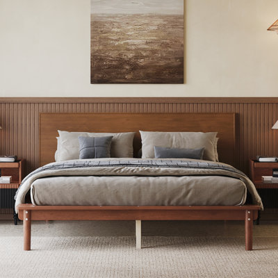 Mid-Century Modern Queen Platform Bed Frame, Low-platform Base Wood Bed with Subtly Angled Headboard