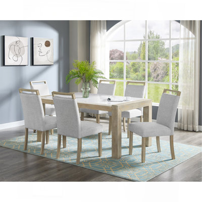 7 pièces Ensemble de salle à manger de style contemporain en marbre véritable blanc Table rectangulaire en pierre à dossier plein Chaises rembourrées Beige Gris Mobilier de salle à manger en bois