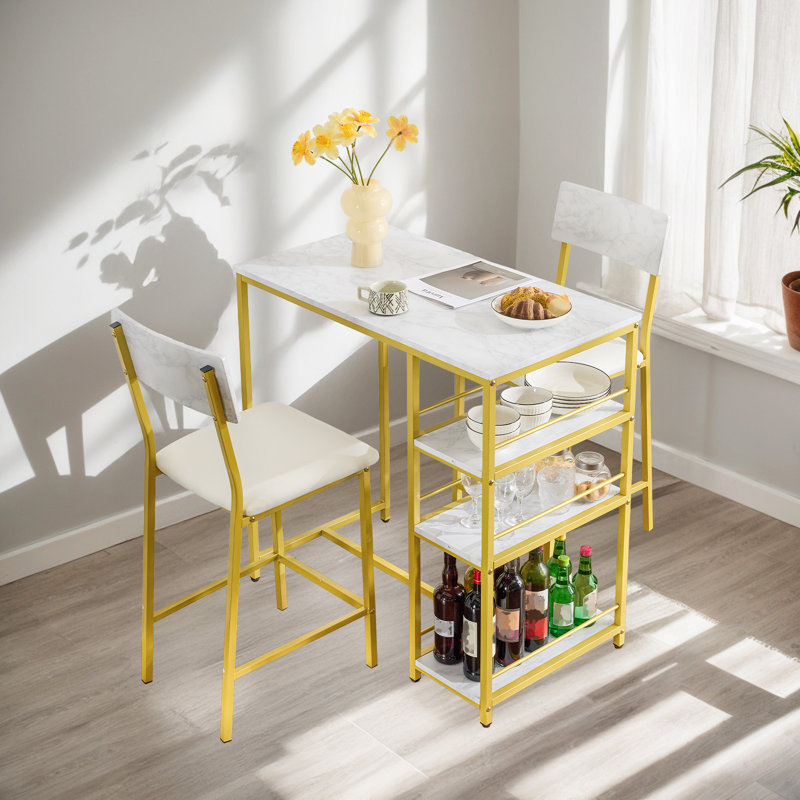Ensemble de table de bar avec 2 tabourets, 3 tablettes de rangement, ensemble de salle à manger pour petits espaces, cuisine et appartement