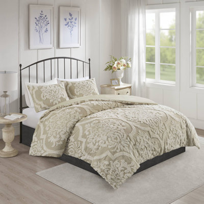 Viola Tufted Cotton Chenille Damask 3 Piece Duvet Set