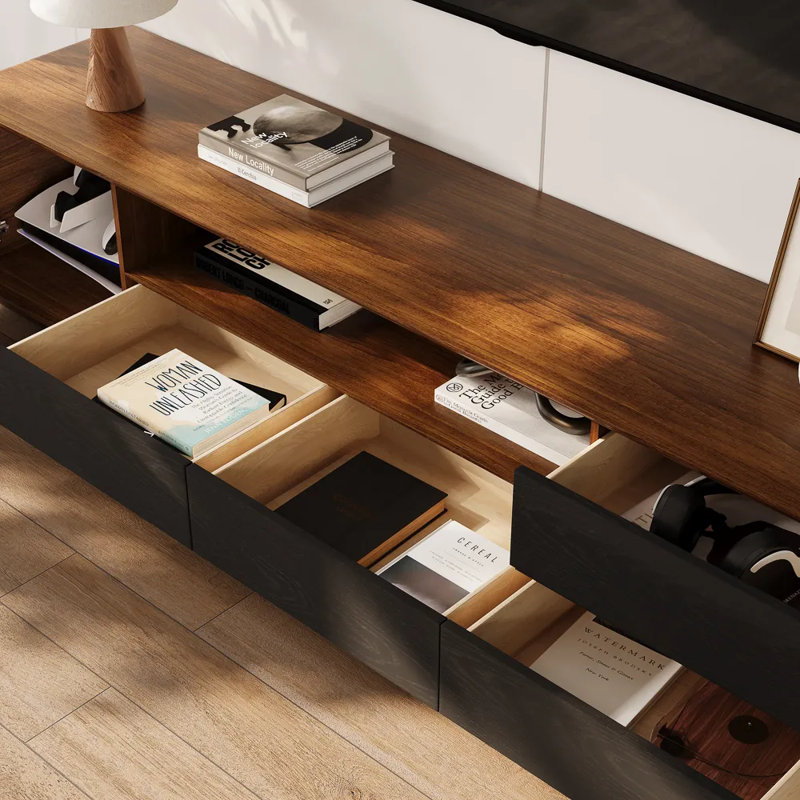 Meuble télé moderne en bois avec lumières DEL, console multimédia avec 4 tiroirs, entièrement assemblé, Noir