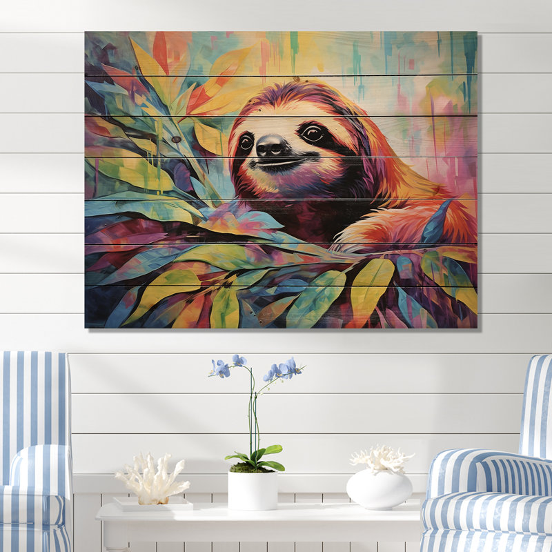 Paresseux coloré - paresseux, art sur bois de pin naturel, H 30 po x l 40 po