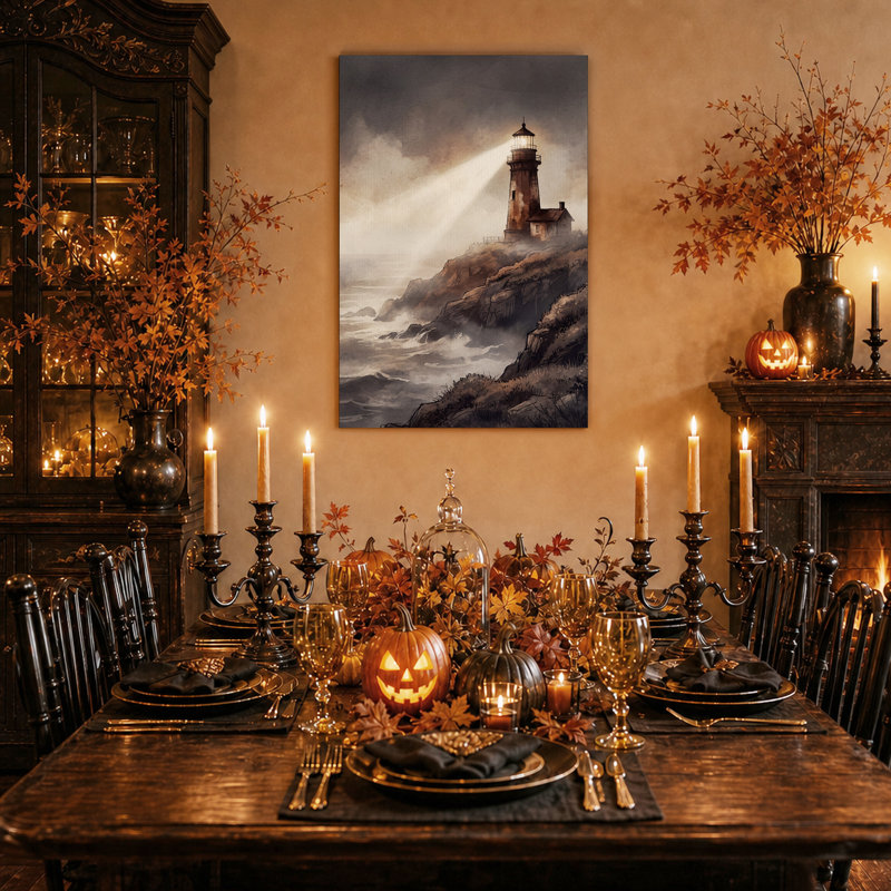 Phare sur falaise rocheuse avec faisceau lumineux - Toile murale d'Halloween, 24"H x 18"W