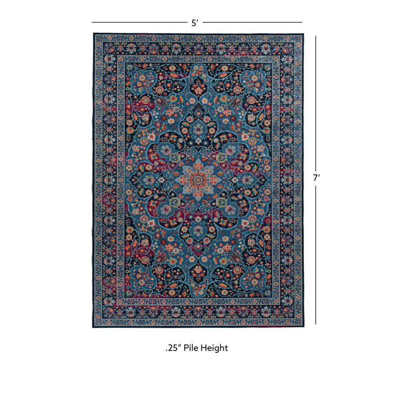 Breedlove Traditional Machine Woven Flatweave Blue and Raspberry Area Rug with Non Skid Backing, Rectangle 5' x 7'6"