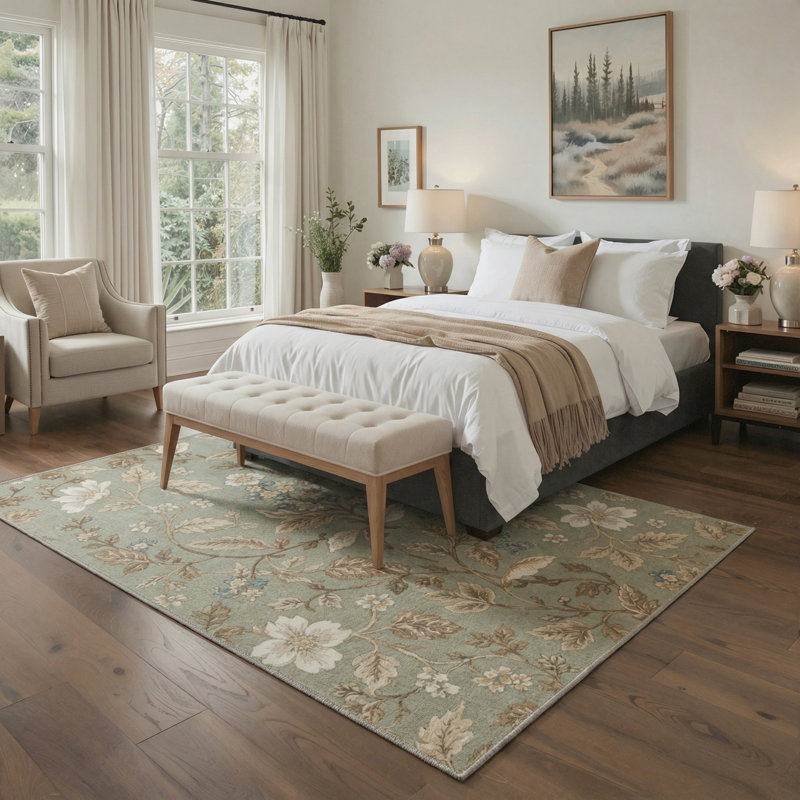 Bloomery Floral Machine Washable Beige / White Indoor Area Rug with Non-Slip Backing, Rectangle 8' x 10'