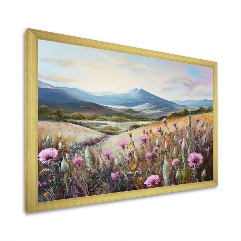 «Purple Thistle Field Mountain Charm I», reproduction sur toile, Encadrement doré, H 34 po x l 44 po