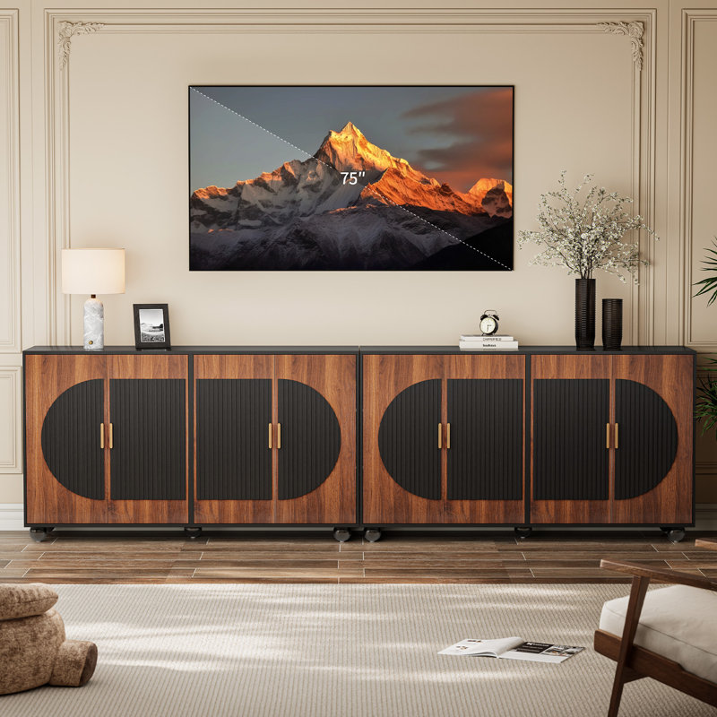 Buffet cannelé de 58 po de style Mid-Century avec armoires de rangement et tablettes réglables, Armoire 4 portes / 6 niveaux