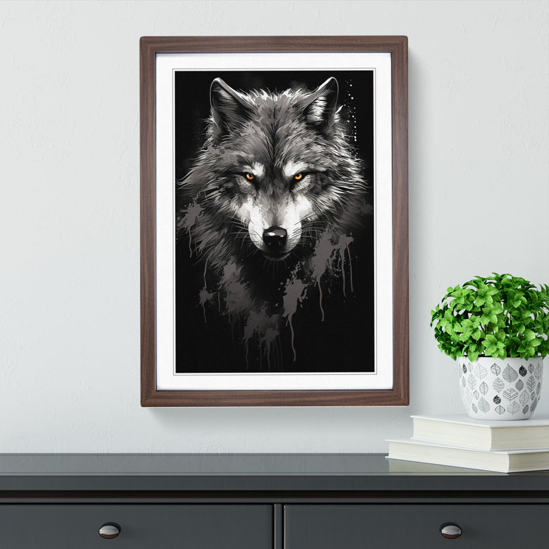 XYZ-FRM-V1223-1698 Wolf Line - Single Picture Frame Print on Wood, 46cm H x 34cm W x 2cm D, Walnut