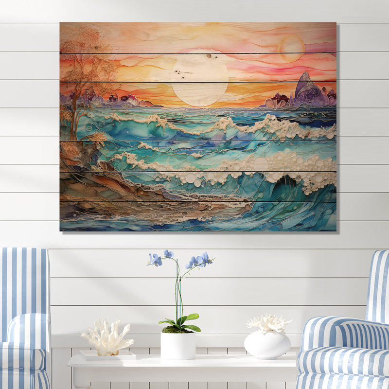Rainbow Ocean Sunrise - Ocean Wood Art On Natural Pine Wood, 30" H x 40" W