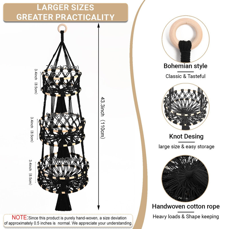 3 Tier Hanging Fruit Baskets, Black