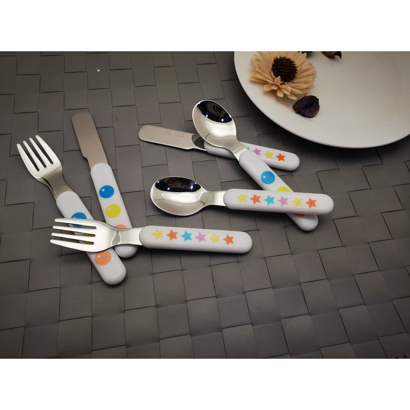 EXZACT Kids Cutlery 6Pcs Stainless Steel 18/10 Children''s Cutlery Set - Incl. 2 X Forks, 2 Safety Knives; 2 X Dinner Spoons - Plastic Handle, Toddler Utensils Flatware - Stars & Dots