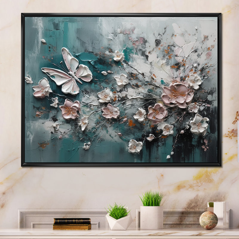 «Rozellia Flowers With Butterflies», reproduction d'art sur toile I, Cadre flottant noir, H 30 po x l 40 po x P 1,5 po