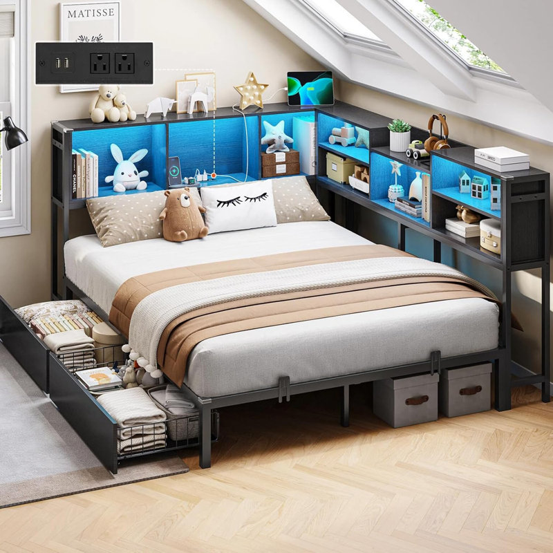 Daybed With 2 Underneath Storage Drawers And Charging Station, L-shape Corner Bed Frame With Storage Bookcase And Led Lights For Living Room, Bedroom & Guest Room