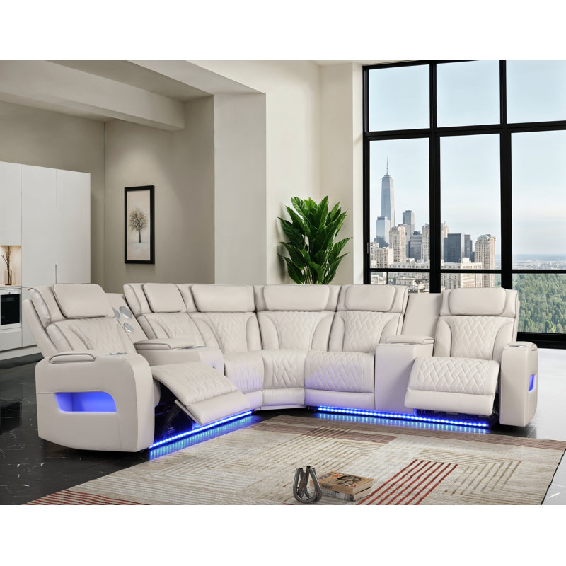 Hofstetter Sectional Sofa Power Reclining Leather Aire with Bluetooth Speakers and LED Lights, Ice Faux Leather