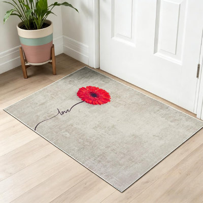 Red Machine Washable,Creative of Daisy Flower with Word Indoor Area Rug
