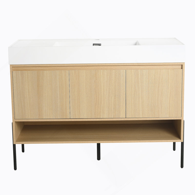 Ensemble de meuble-lavabo 48 po avec lavabo simple en résine, ensemble d'armoires de rangement modernes 3 portes, bois massif multicouche, chêne