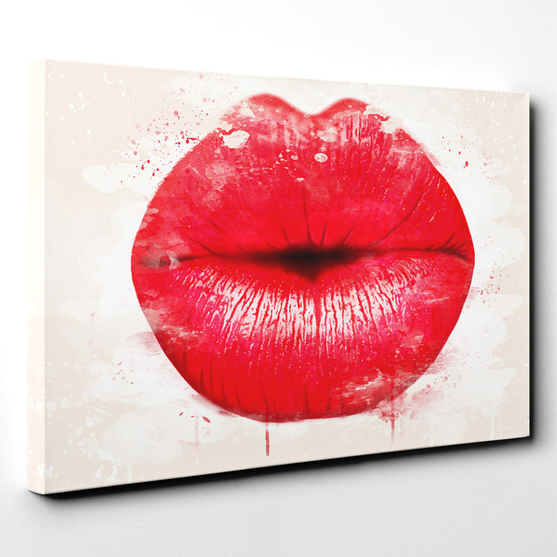 Red Lips Kiss Painting on Canvas - Wrapped Canvas, 50cm H x 76cm W