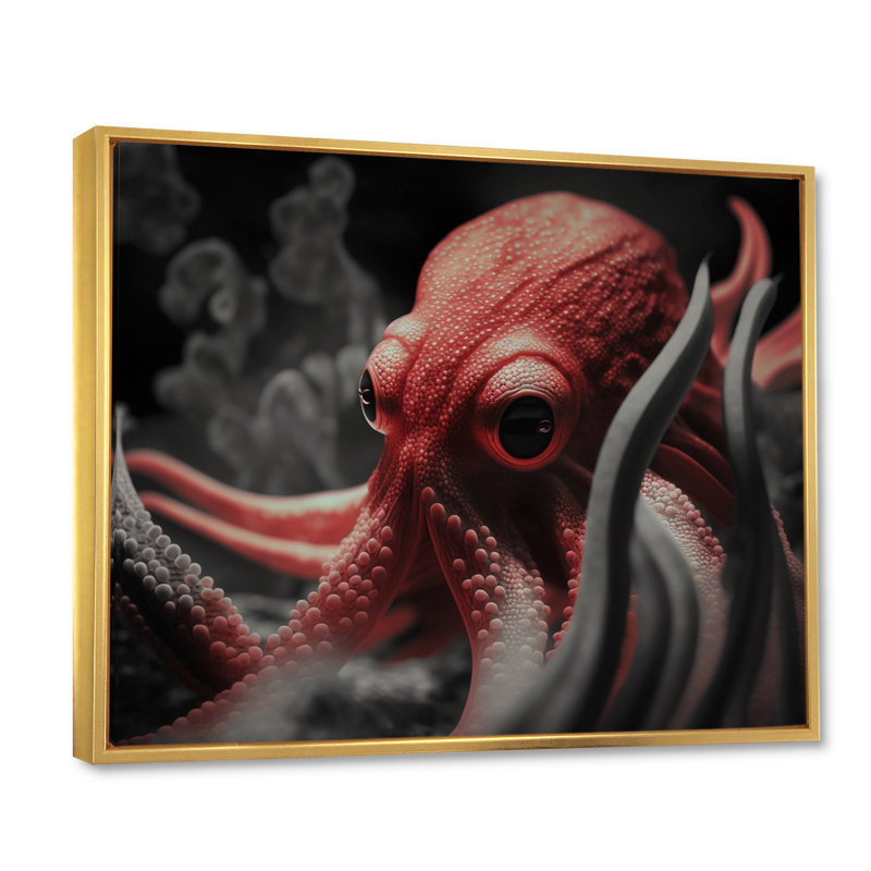 Portrait de pieuvre rouge - photographie, H 16 po x l 32 po x P 1 po, Cadre flottant doré