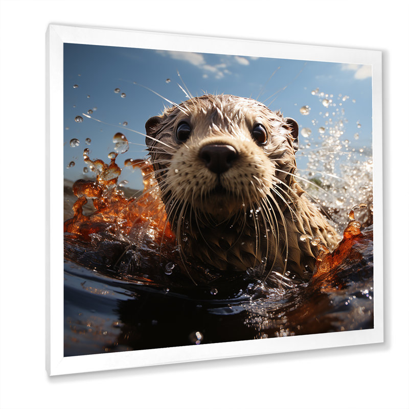 «Natation Adventure Portrait of a Otter» - Art mural loutre, Cadre simple blanc, H 36 po x l 36 po x P 1,5 po