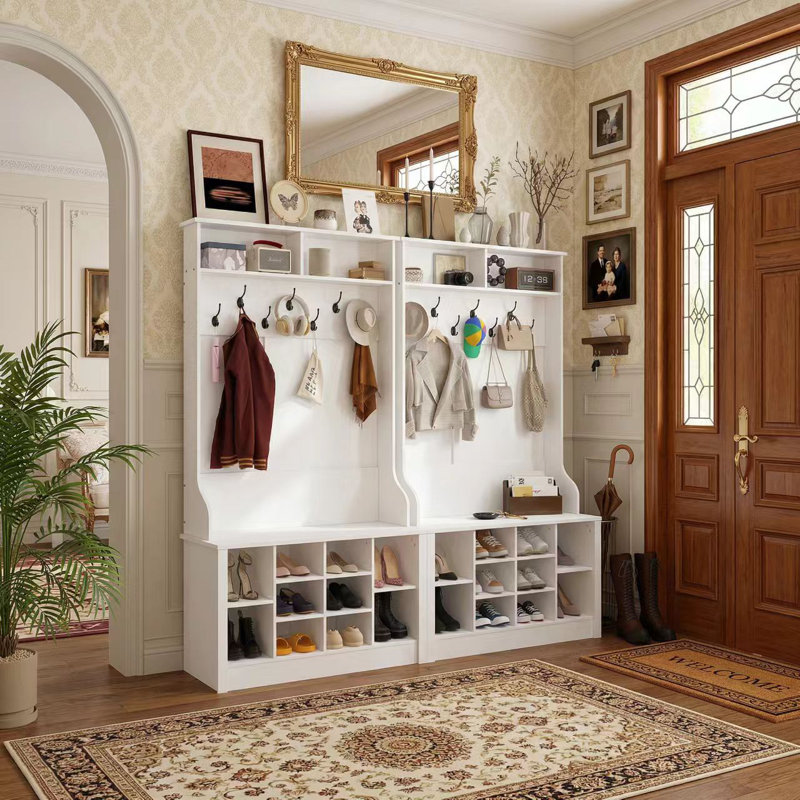 Bettymae 78.8” Wide Hall Tree with Hooks, Bench & Shoe Storage, White