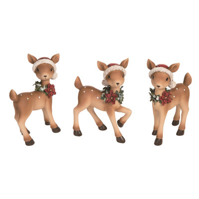 Ensemble de 3 figurines de cerf en résine avec chapeaux de père Noël - décor de Noël brun pour table et manteau de cheminée - parfait pour l'intérieur, la décoration des Fêtes, les cadeaux et les cadeaux d'hôtesse - Figurines d'animaux festifs