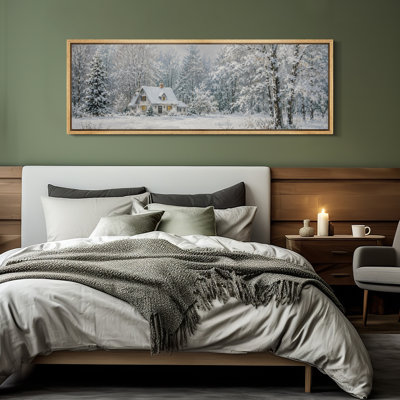 «Snowy Cottage Forest Winter Cabin Landscape Wall Decor», reproduction d'art encadrée sur toile encadrée