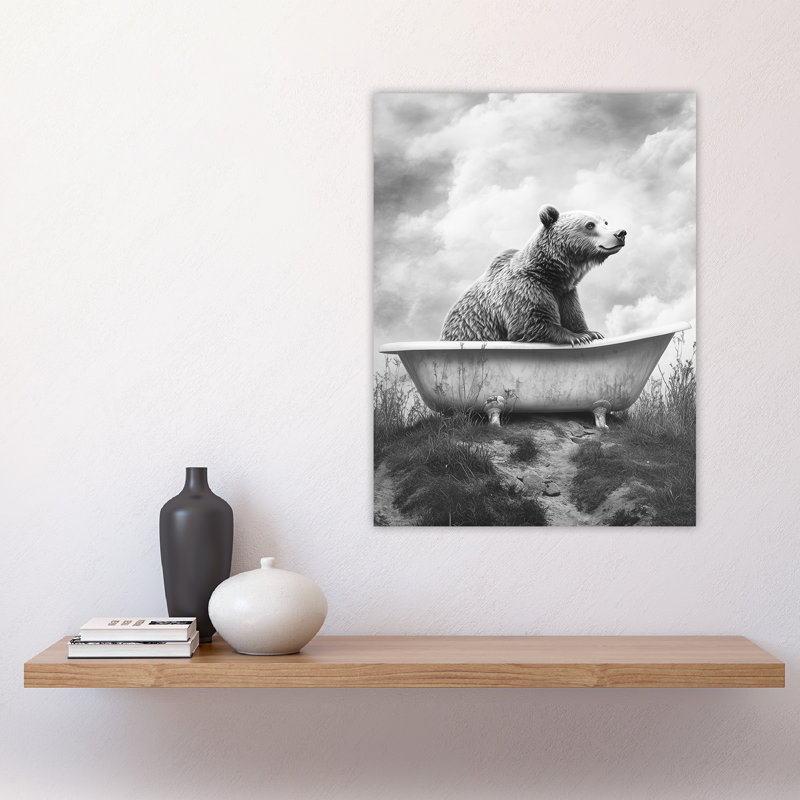 Bear Bath in Mountain Bathtub Surreal Wall Art Print