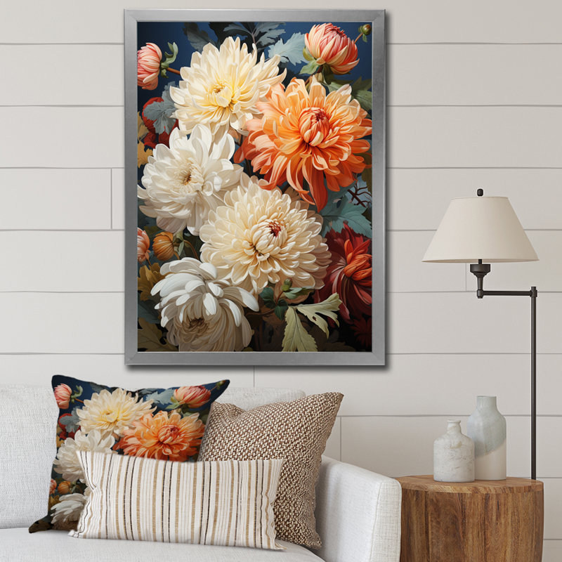 Collage d'automne Yareily Chrysanthemums I, H 32 po x l 16 po x P 1 po, Cadre photo argenté