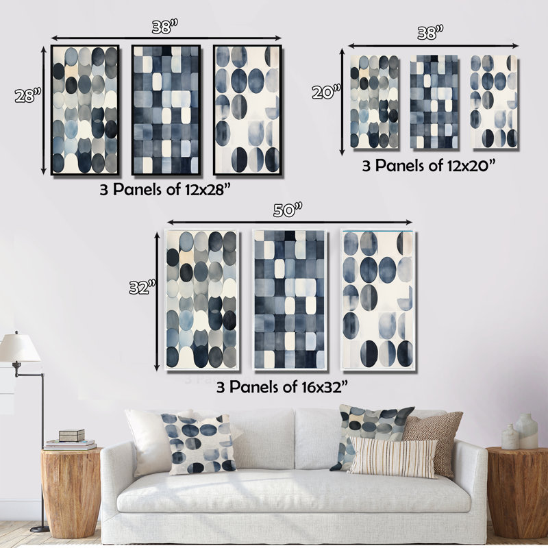 «Gentle Indigo Secrets Circular Retro Watercolor II», ensemble d'art mural abstrait géométrique de 3, Cadre flottant blanc