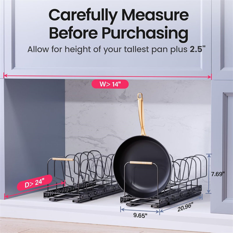 Two-piece under cabinet pull out pot rack with adjustable dividers and handle dividers, suitable for kitchen storage, space saving, practical and convenient.