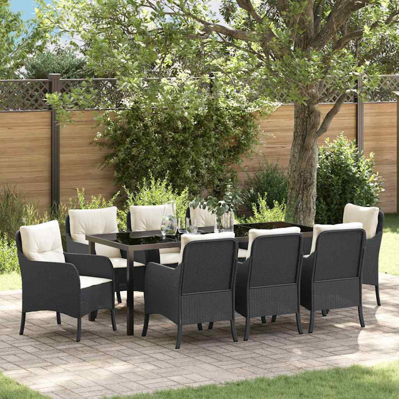  Ensemble de salle à manger de jardin avec coussin 9 pièces en rotin de polyester noir, Blanc, crème, Black