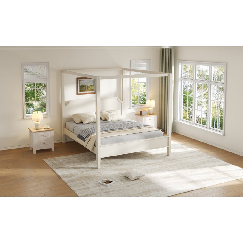 Grand lit plateforme à baldaquin en bois avec tête de lit et pieds de support, blanc crème