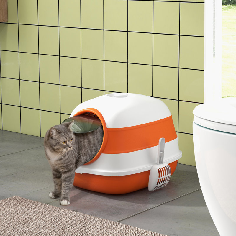 Bac à litière pour chats, pliable et compact, facile à nettoyer, surélevé, grand à deux entrées, orange noir, bac à chat à circulation d'air améliorée, couvercle gardant l'intimité, pliable, chats noirs