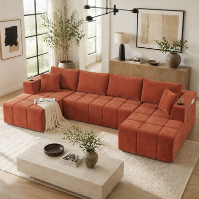 Canapé modulaire en chenille de 132 po en forme de U, canapé désossé de style nuage avec salons, canapé rembourré moderne avec porte-gobelets et poches latérales, canapé à compression pour le salon, aucun assemblage requis, orange