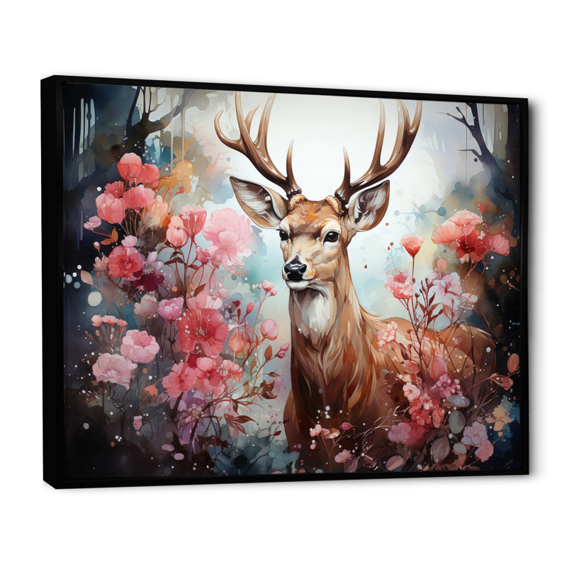 Cerf, forêt mystique - impression, H 30 po x l 40 po x P 1,5 po, Cadre flottant noir