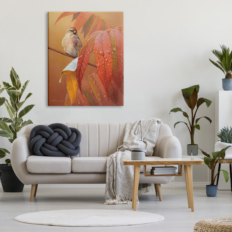 Oiseau sur une branche automnale sur toile par Derek Wicks, H 48 po x l 36 po x P 1,5 po