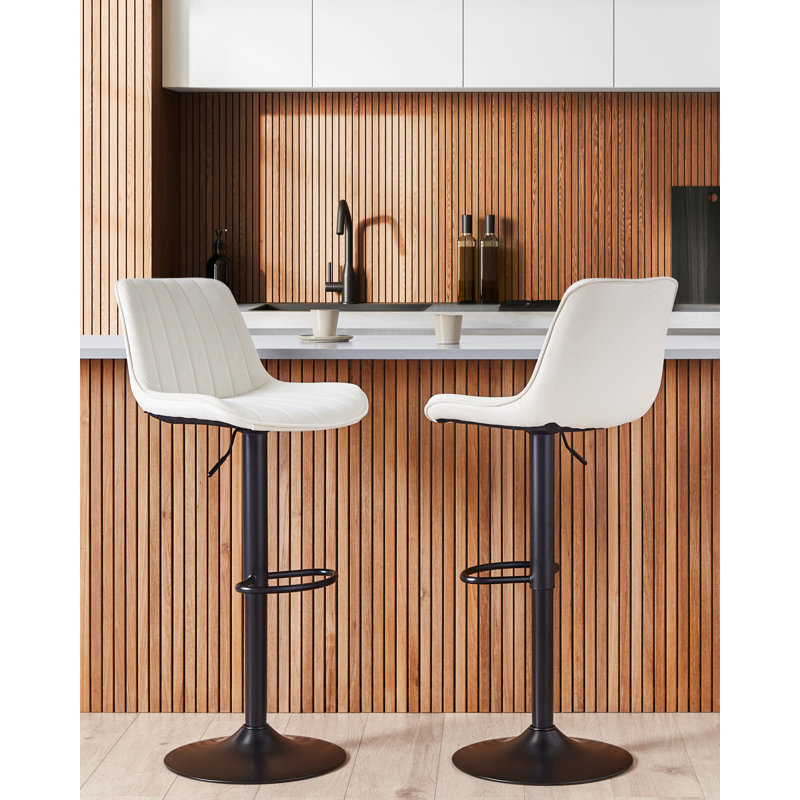 Gagetown Upholstered Velvet Adjustable Height Bar Stool with Steel Frame, Light Beige