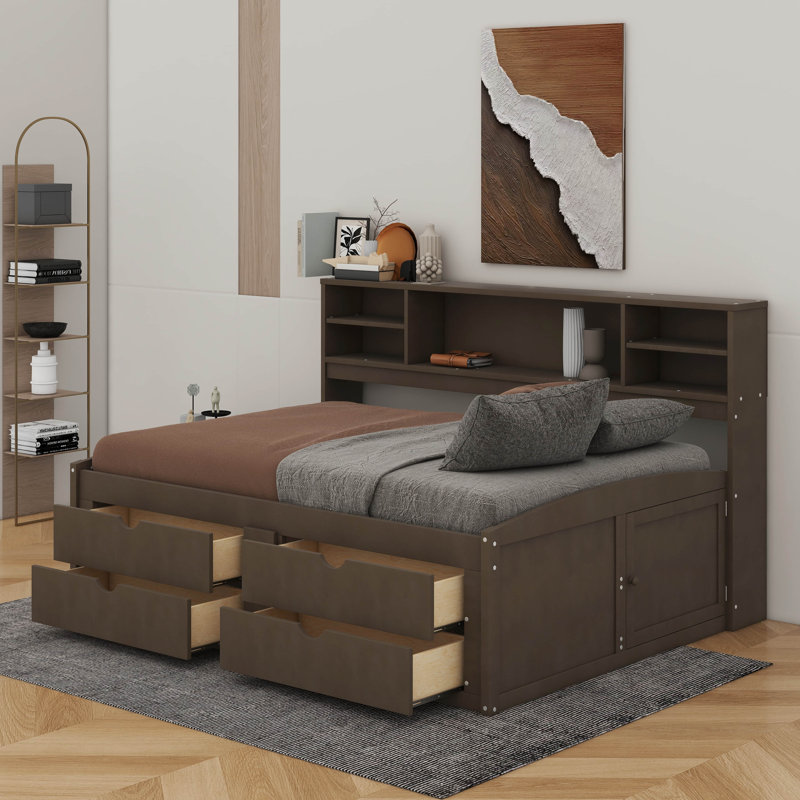 Lit de jour double en bois avec 2 tables de chevet, tablettes et tiroirs, Brun antique