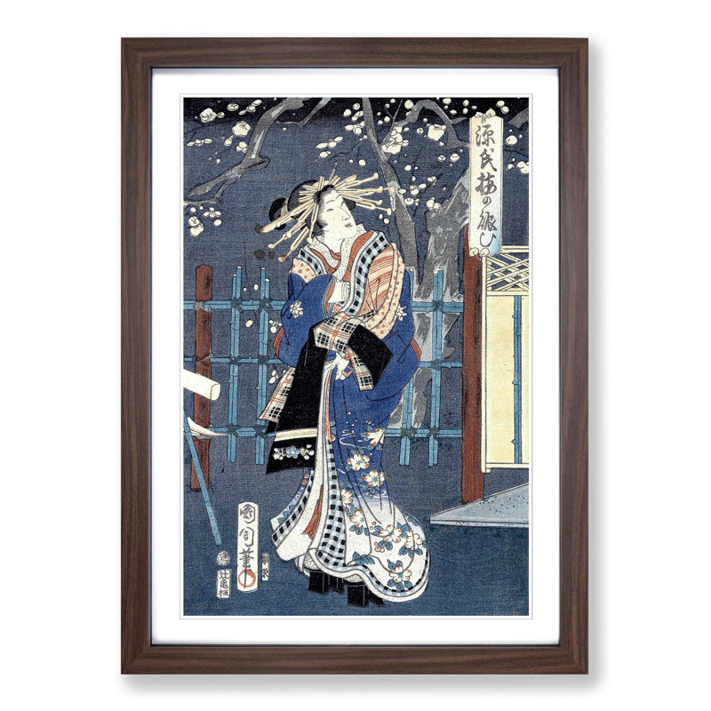 Courtesan with Plum Blossoms by Toyohara Kunichika - Picture Frame Painting Print, Walnut Framed, 48cm H x 36cm W x 2cm D