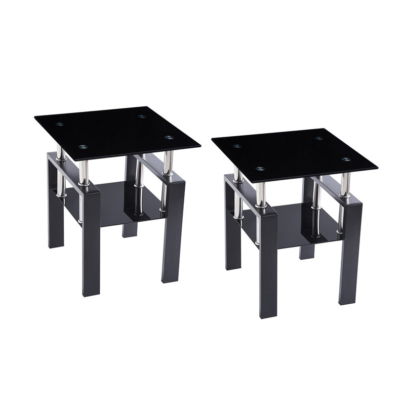 Table de bout en verre trempé transparent 2 pièces, petite table 2 couches avec rangement, table d'appoint de salon, Noir