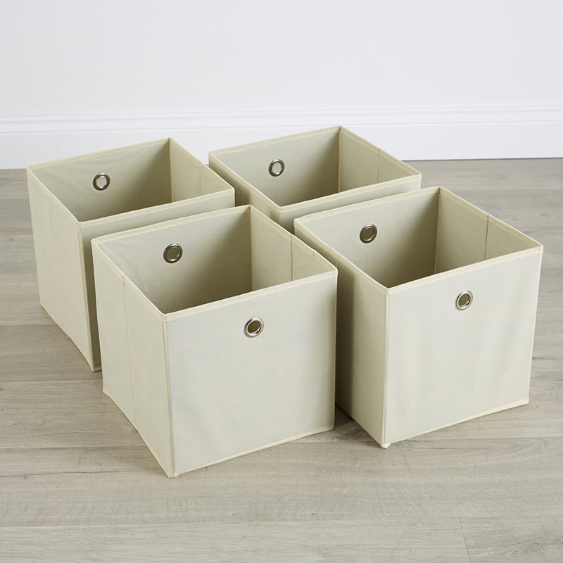 Pack of 4 Fabric Storage Cube Organiser Box, Off White