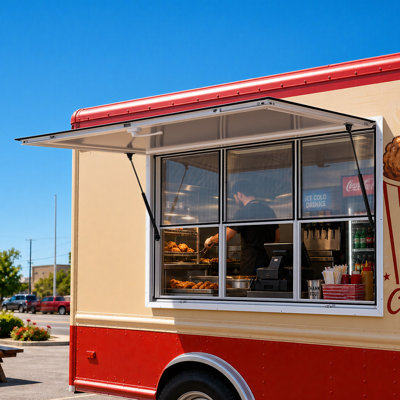 Concession Window 60x36 in Aluminum Alloy Service Window, for Food Truck, Up to 85 Degrees Stand Serving with 3 Fixed & 3 Sliding Windows, Awning Door and Drag Hook, Rainwater Resistant